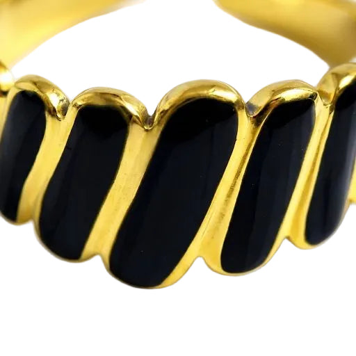 Black Enamel & Gold Ribbed Stripe Ring