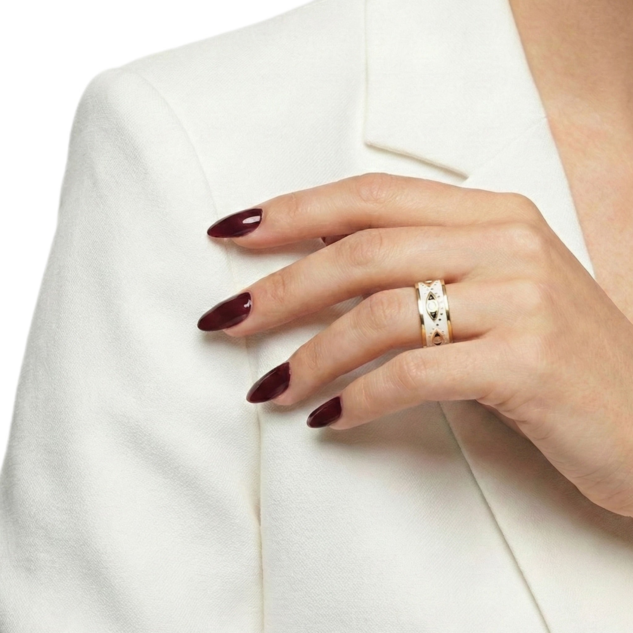 White Enamel & Gold Evil Eye Gold Ring