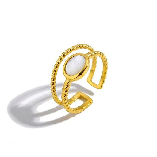 Gold Braided Double Band Ring with White Stone