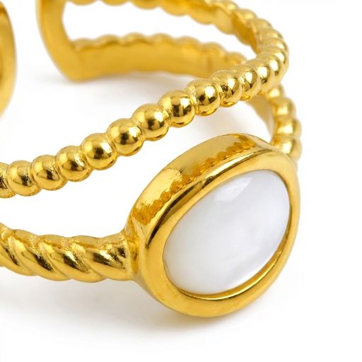 Gold Braided Double Band Ring with White Stone