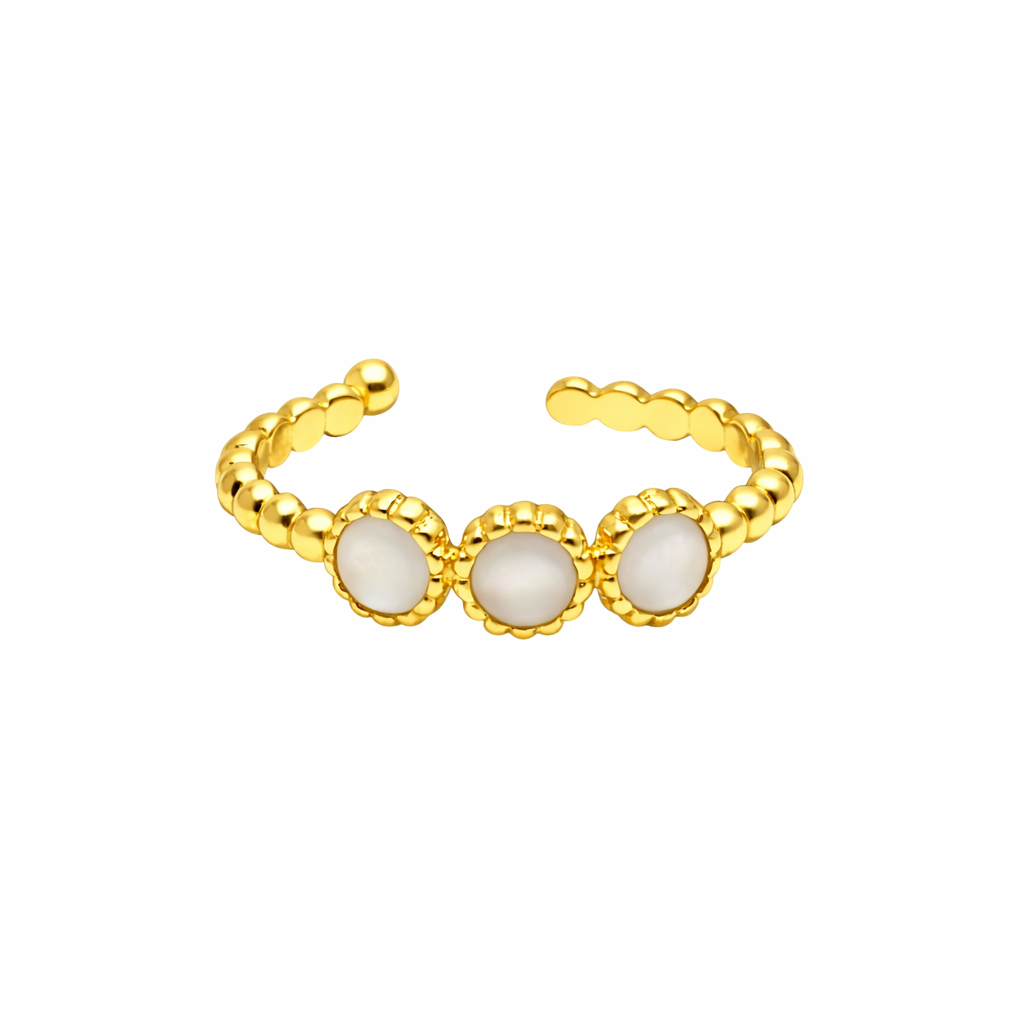 Gold Beaded with Three White Stones Band Ring