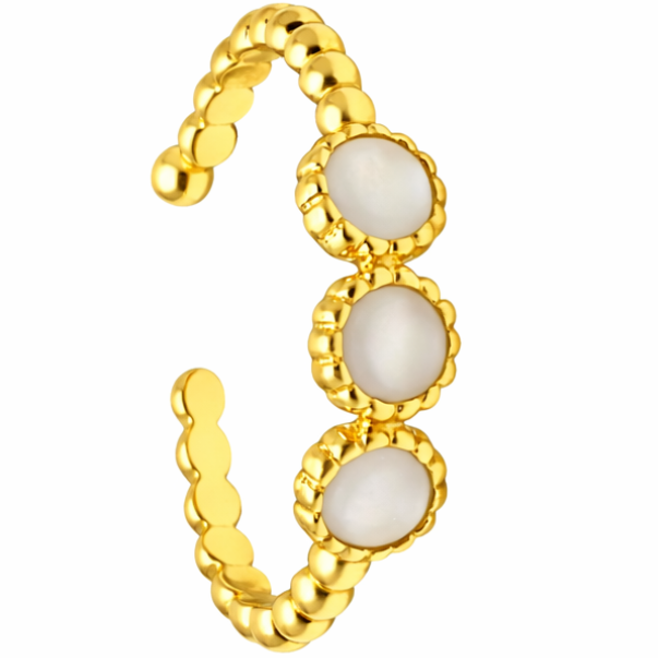 Gold Beaded with Three White Stones Band Ring