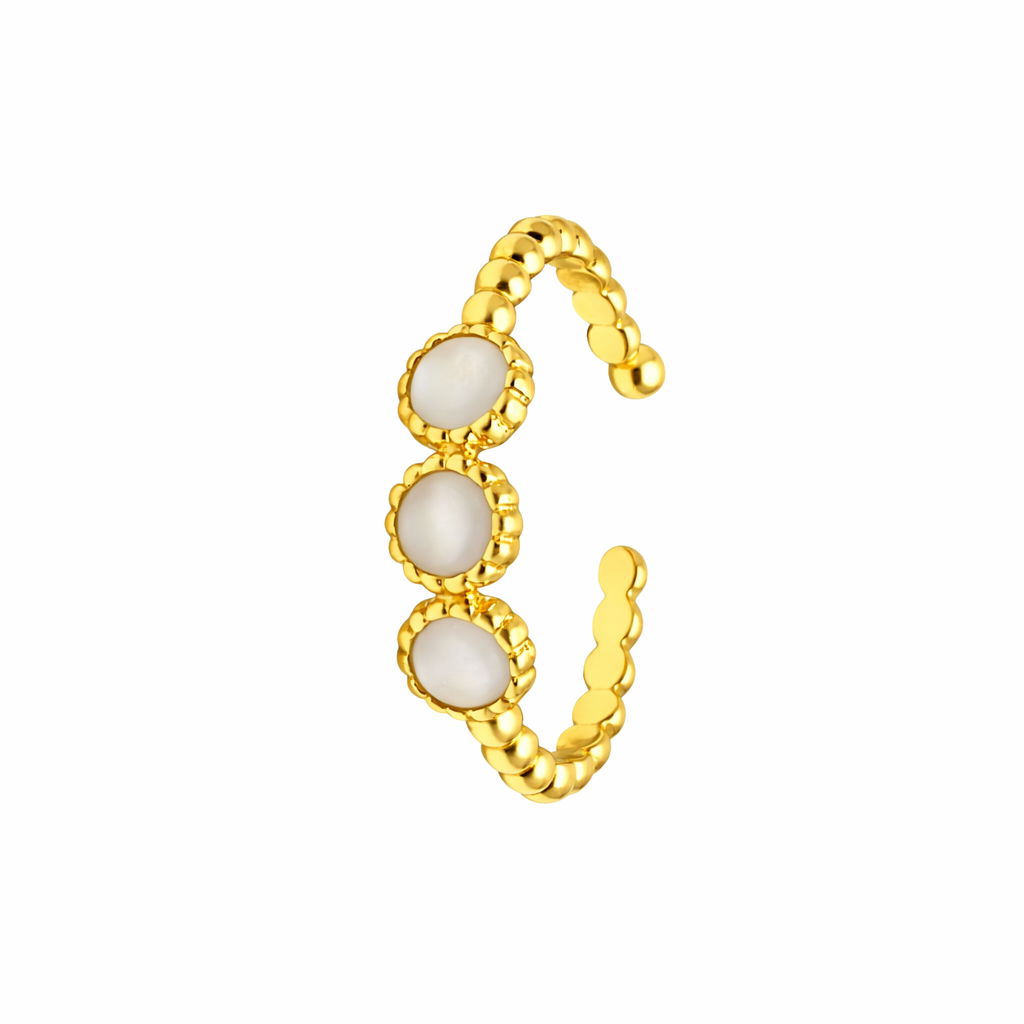Gold Beaded with Three White Stones Band Ring