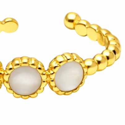 Gold Beaded with Three White Stones Band Ring