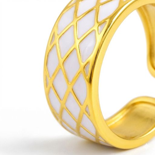 White Enamel &  Gold Wide Geometric Ring