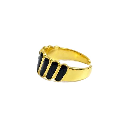 Black Enamel & Gold Ribbed Stripe Ring