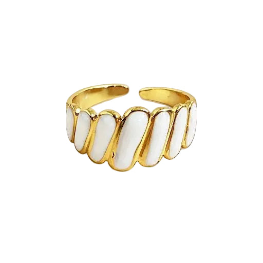 White Enamel & Gold Ribbed Stripe Ring