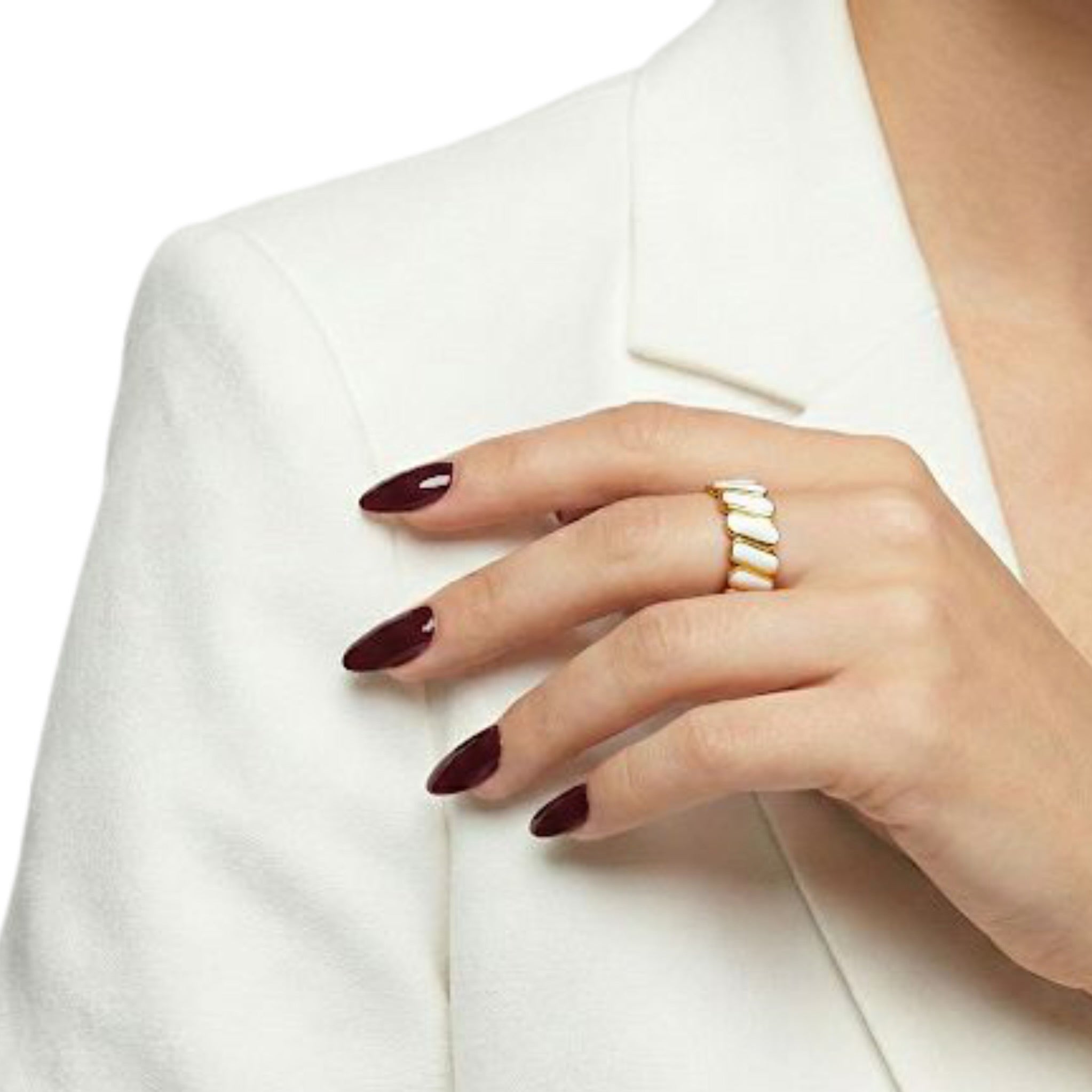 White Enamel & Gold Ribbed Stripe Ring