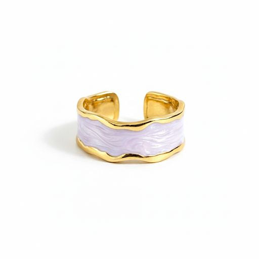 Lilac Enamel & Gold Wave Ring