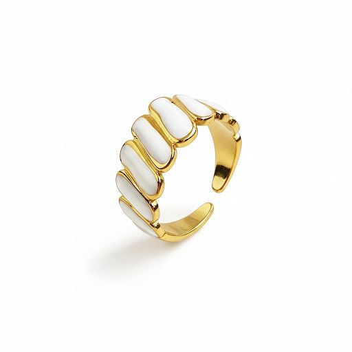 White Enamel & Gold Ribbed Stripe Ring
