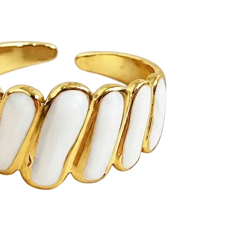 White Enamel & Gold Ribbed Stripe Ring