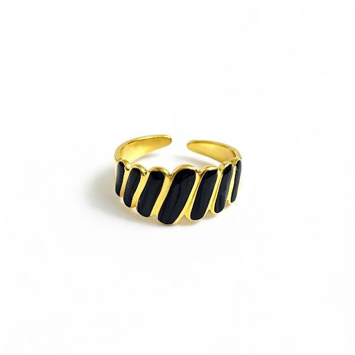 Black Enamel & Gold Ribbed Stripe Ring
