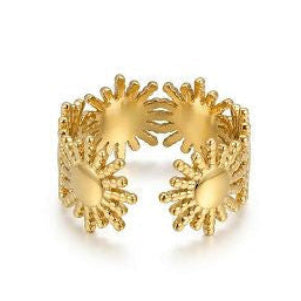 Gold ring with sunflower design on a white background