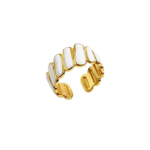 White Enamel & Gold Ribbed Stripe Ring