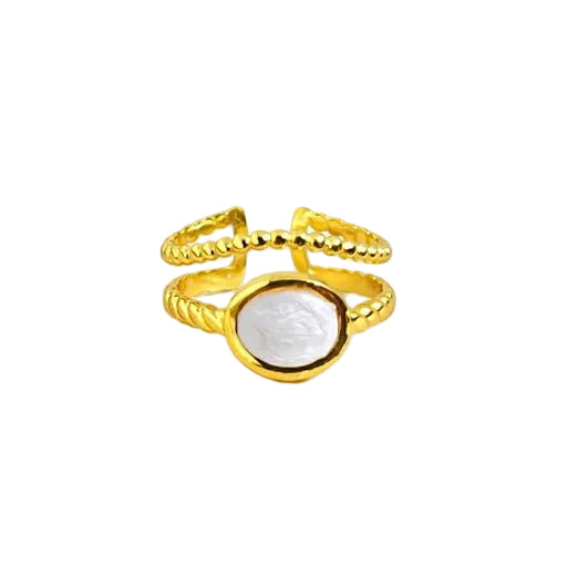 Gold Braided Double Band Ring with White Stone
