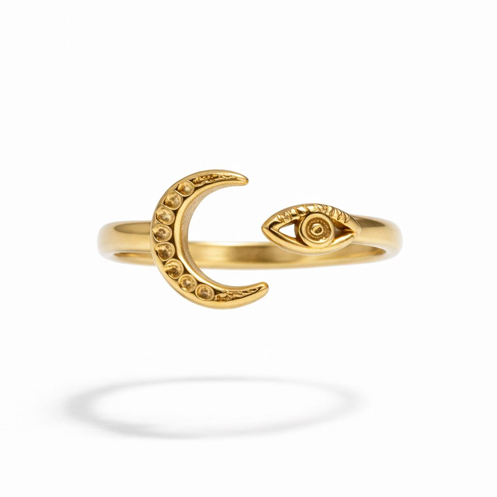 Crescent Moon and Evil Eye Ring