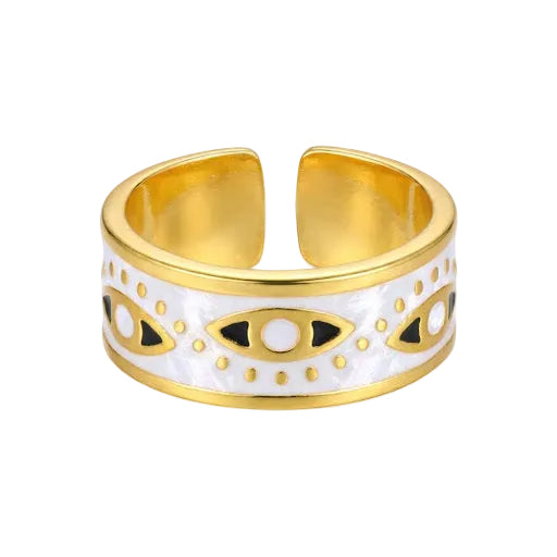 White Enamel & Gold Evil Eye Gold Ring