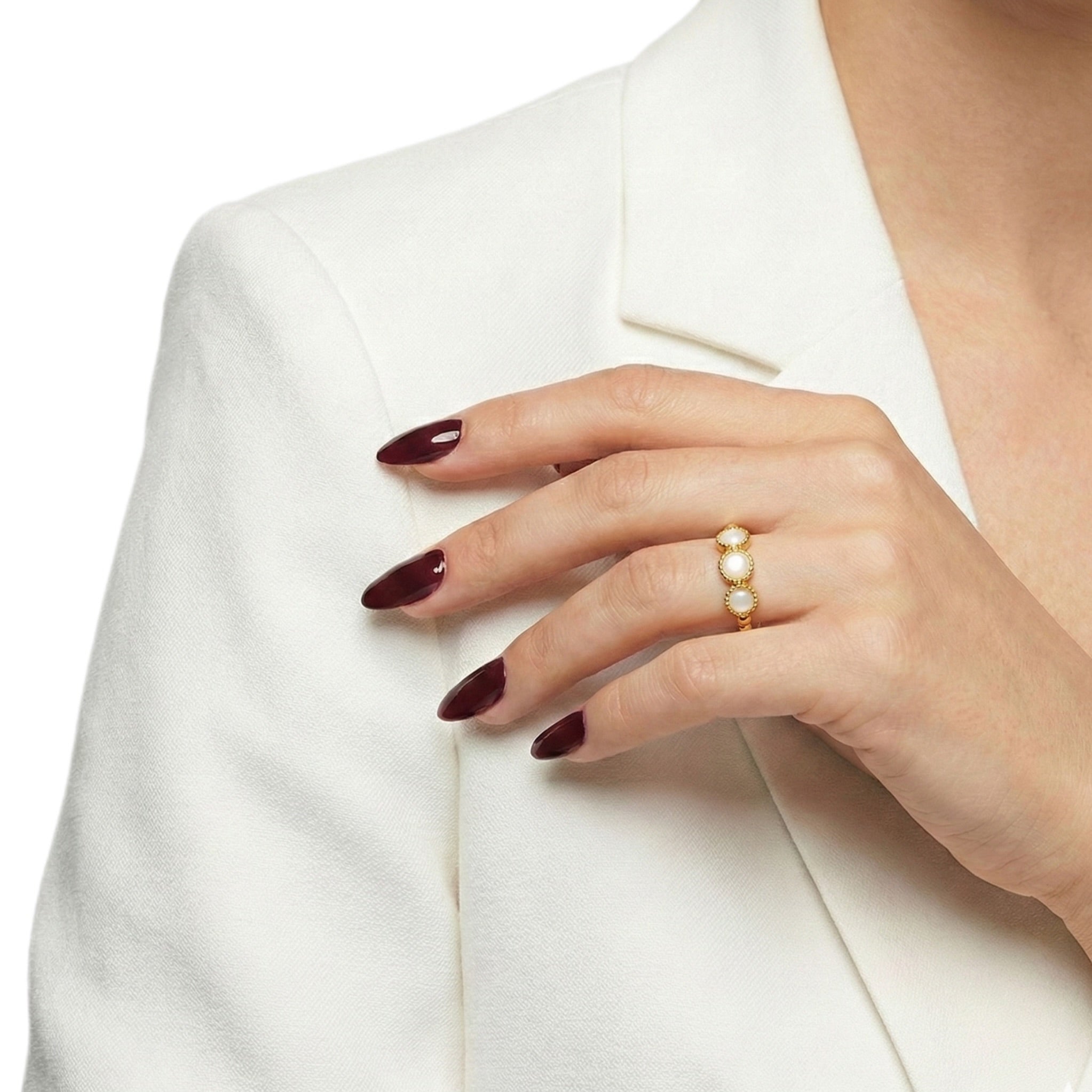 Gold Beaded with Three White Stones Band Ring