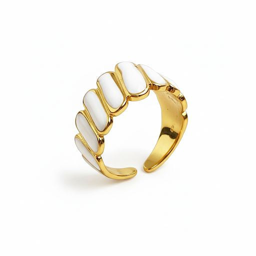 White Enamel & Gold Ribbed Stripe Ring