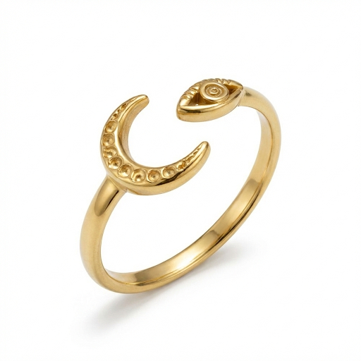 Crescent Moon and Evil Eye Ring
