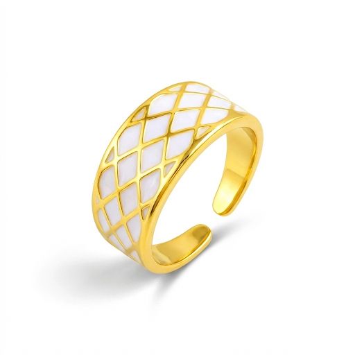 White Enamel &  Gold Wide Geometric Ring