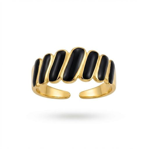 Black Enamel & Gold Ribbed Stripe Ring