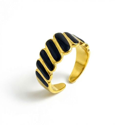 Black Enamel & Gold Ribbed Stripe Ring