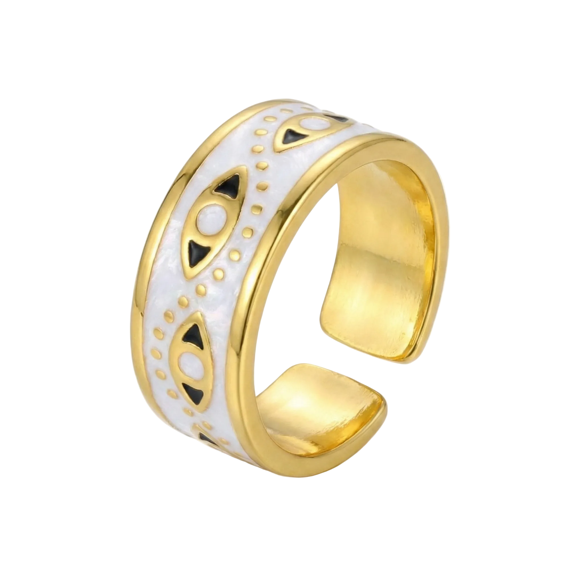 White Enamel & Gold Evil Eye Gold Ring