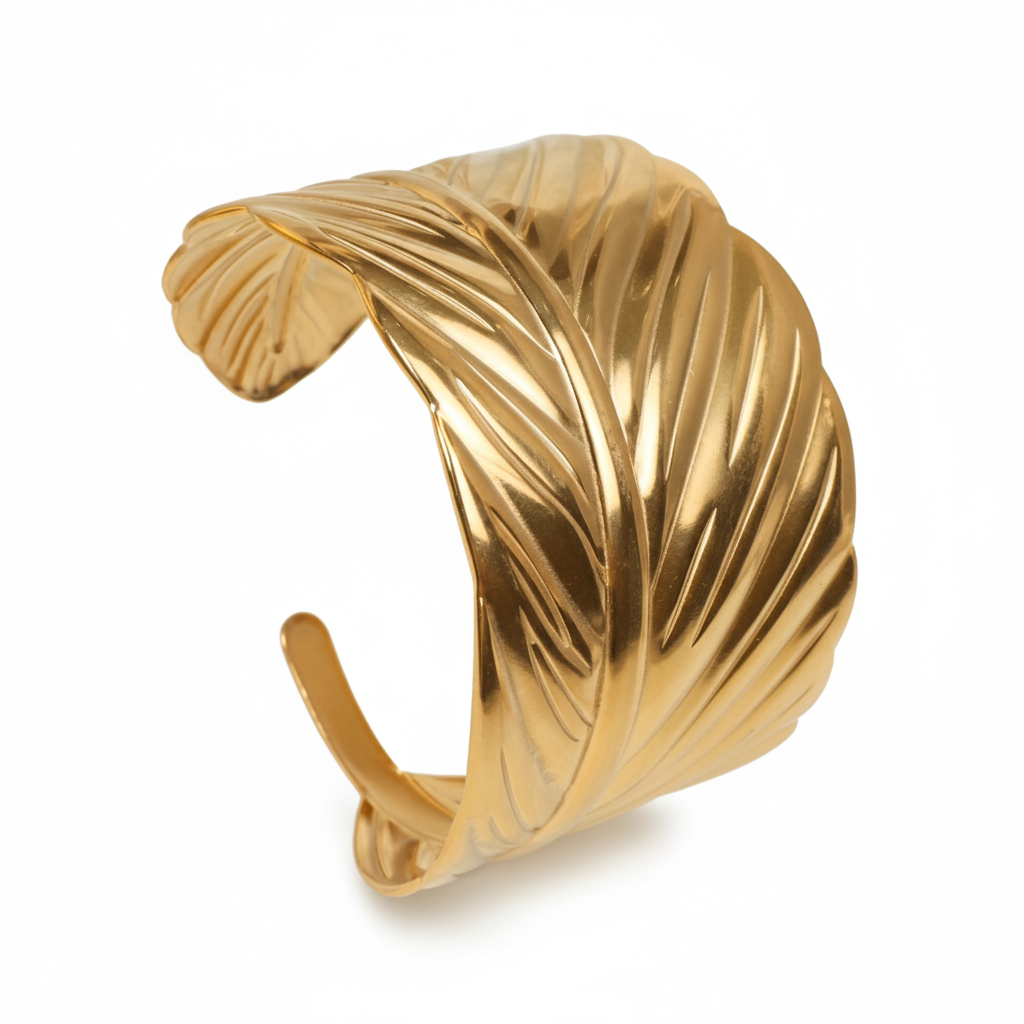 Leaf-Engraved Gold Bangle With Branch
