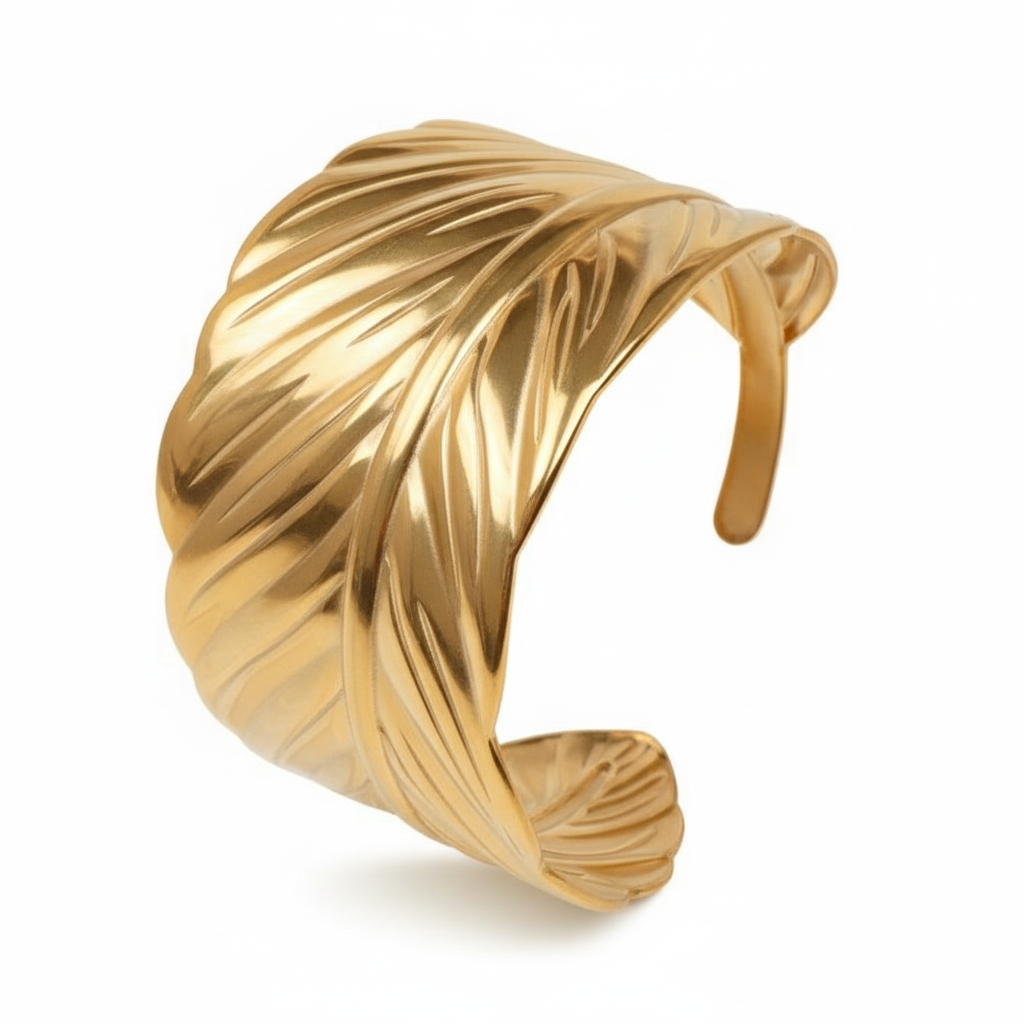 Leaf-Engraved Gold Bangle With Branch