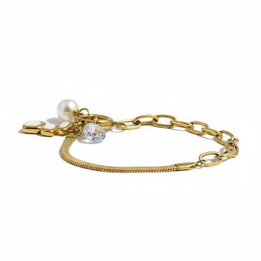 Gold Dual-Chain Bracelet with Pearl Charms