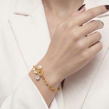 Gold Dual-Chain Bracelet with Pearl Charms