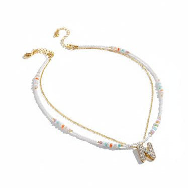 Double Layered Puffy Letter & Pearls Necklace