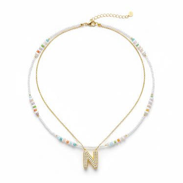Double Layered Puffy Letter & Pearls Necklace