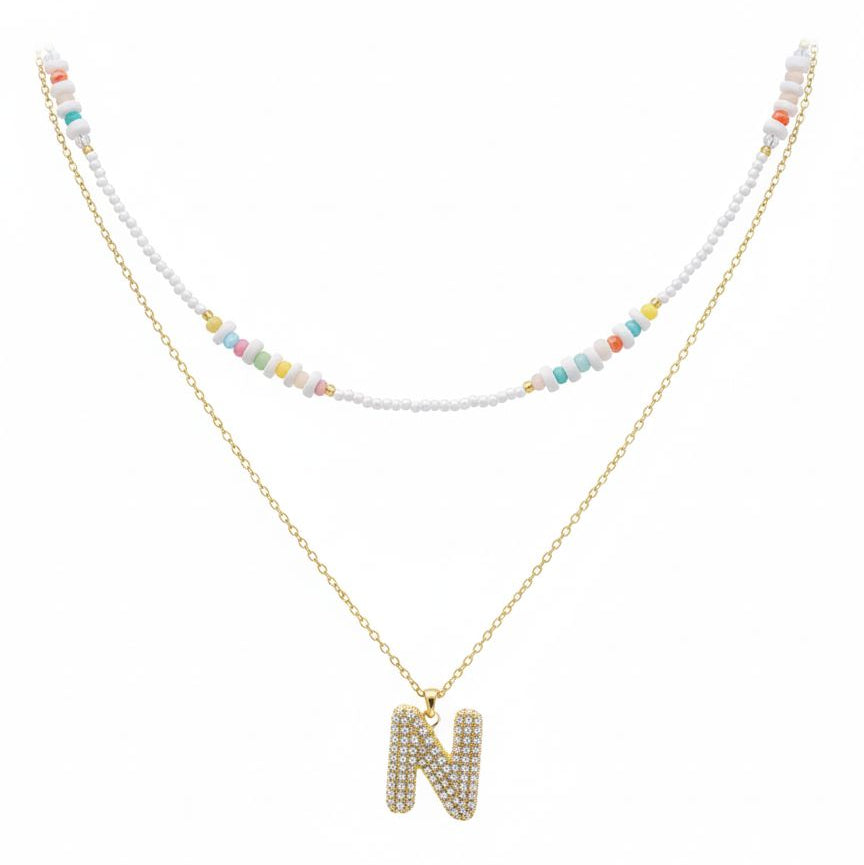 Double Layered Puffy Letter & Pearls Necklace