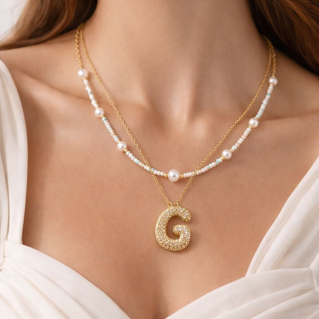 Double Layered Puffy Letter & Pearls Necklace