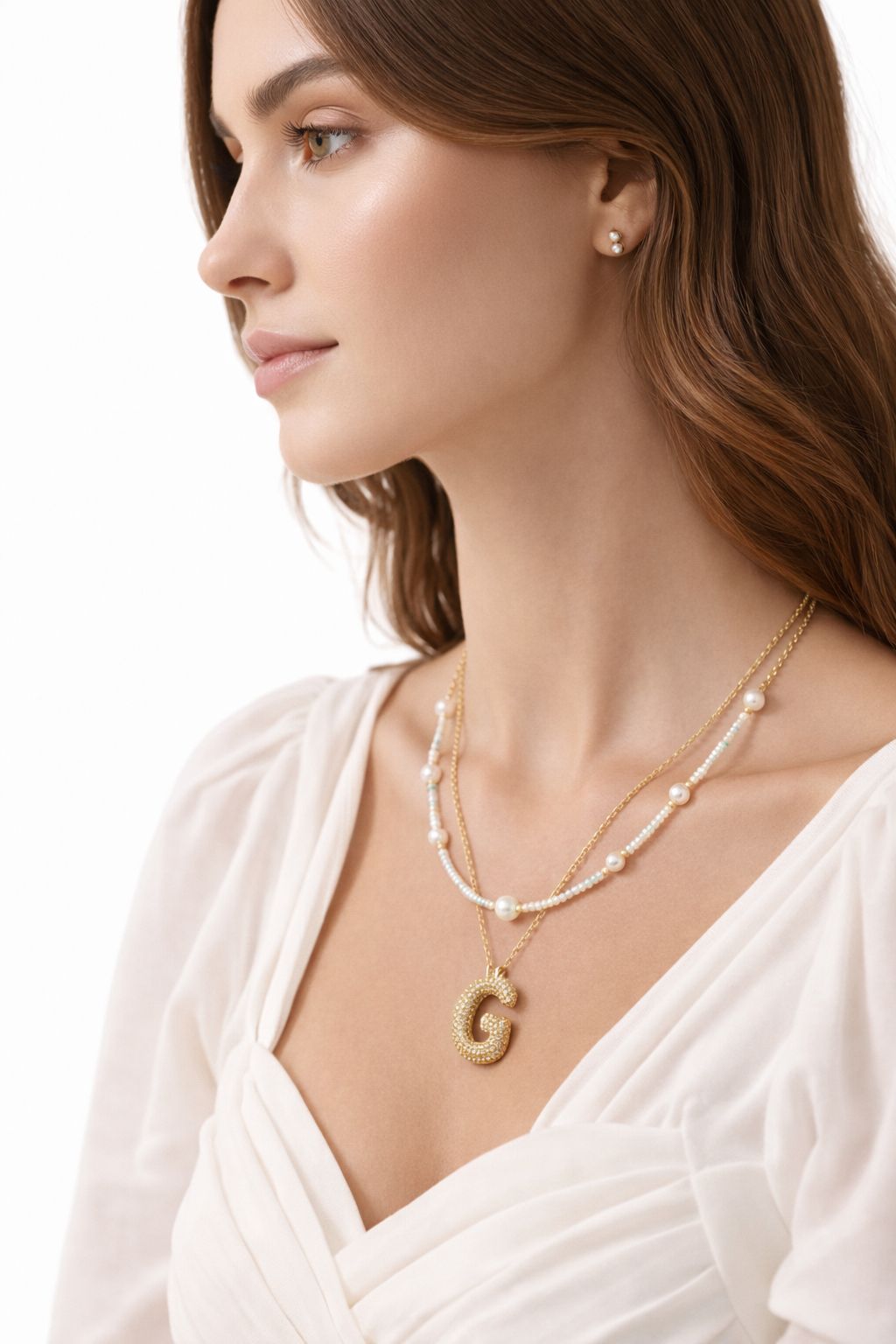 Double Layered Puffy Letter & Pearls Necklace