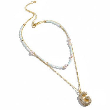 Double Layered Puffy Letter & Pearls Necklace