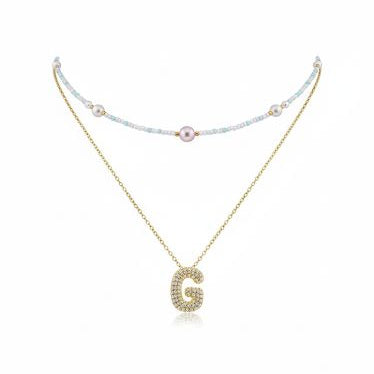 Double Layered Puffy Letter & Pearls Necklace