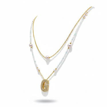 Double Layered Puffy Letter & Pearls Necklace