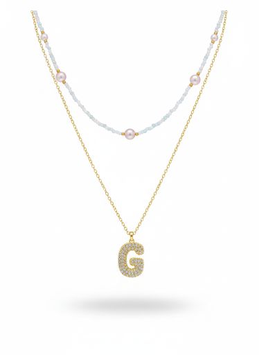 Double Layered Puffy Letter & Pearls Necklace