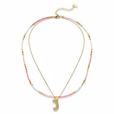 Double Layered Puffy Pinky Letter & Pearls Necklace