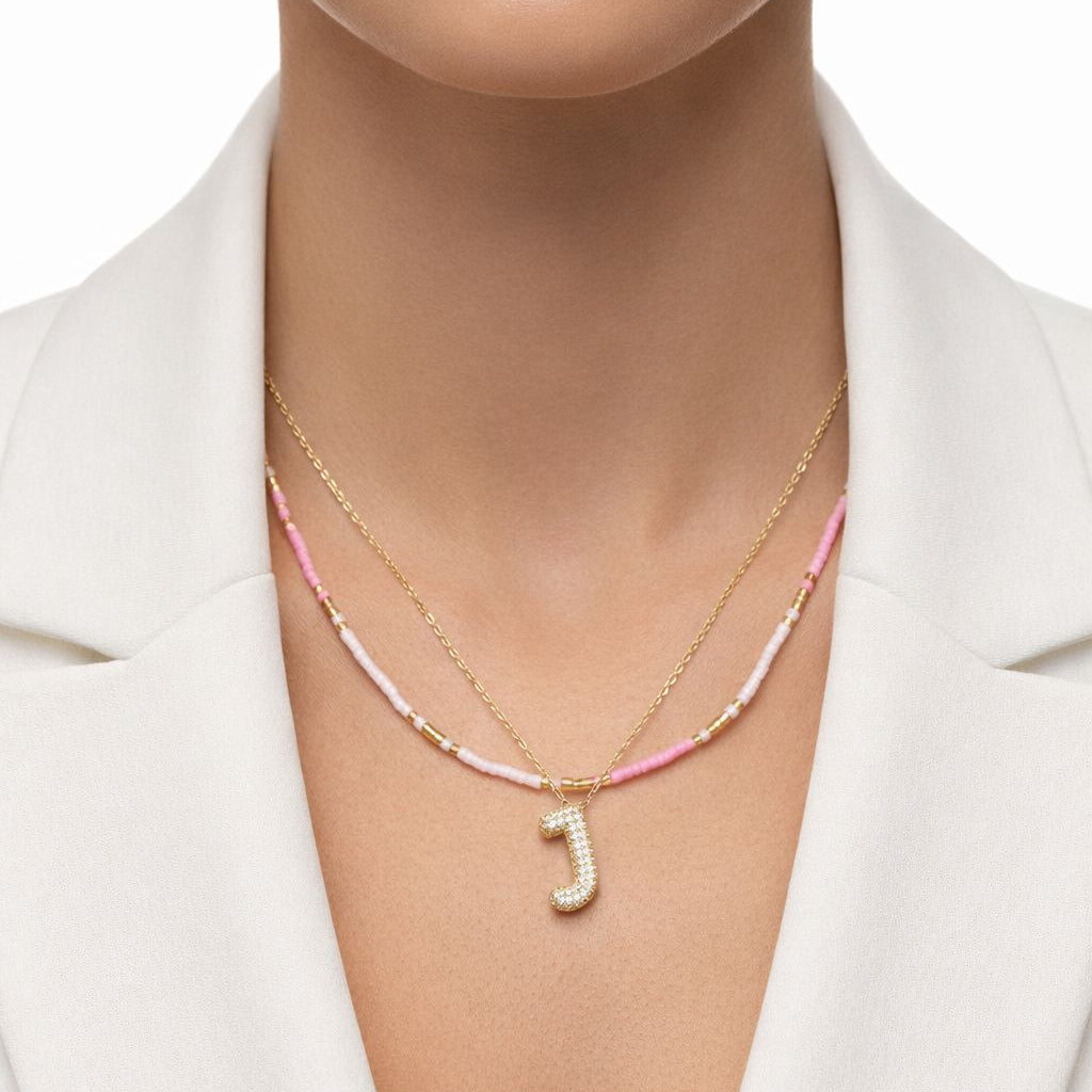 Double Layered Puffy Pinky Letter & Pearls Necklace