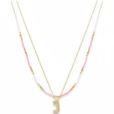 Double Layered Puffy Pinky Letter & Pearls Necklace