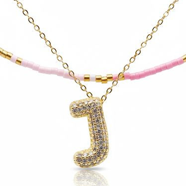 Double Layered Puffy Pinky Letter & Pearls Necklace