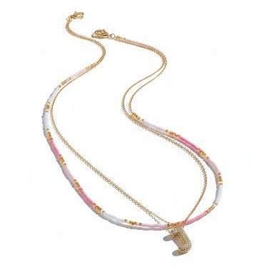 Double Layered Puffy Pinky Letter & Pearls Necklace