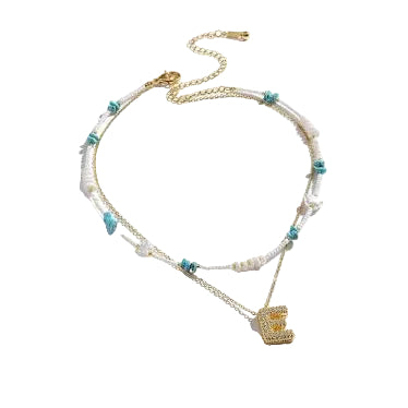 Double Layered Puffy Iced Letter & Pearls Necklacee
