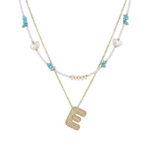 Double Layered Puffy Iced Letter & Pearls Necklacee