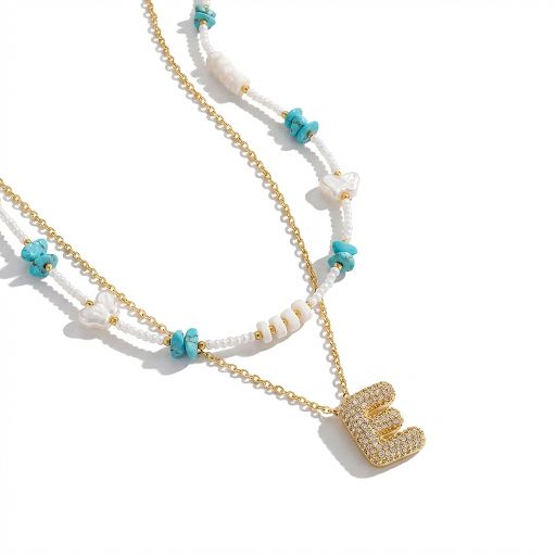 Double Layered Puffy Iced Letter & Pearls Necklacee