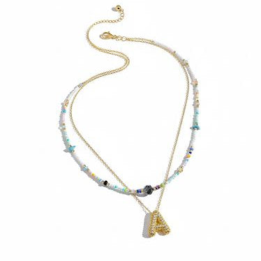 Double Layered Puffy colorful Letter & Pearls Necklace